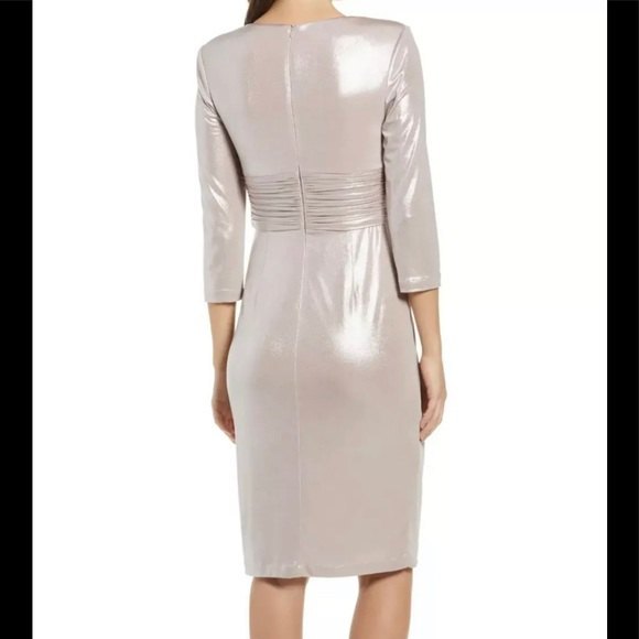 Vince Camuto Women's Size 6 Taupe Rose Metallic Ruched Waist Long Sleeve Dress - Picture 2 of 10